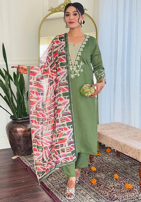 Mehendi Embroidered Viscose Kurta Set
