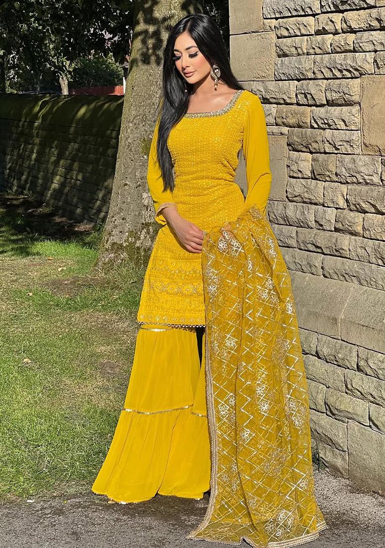 Yellow Sequin Embroidered Chinon Silk Kurta Set