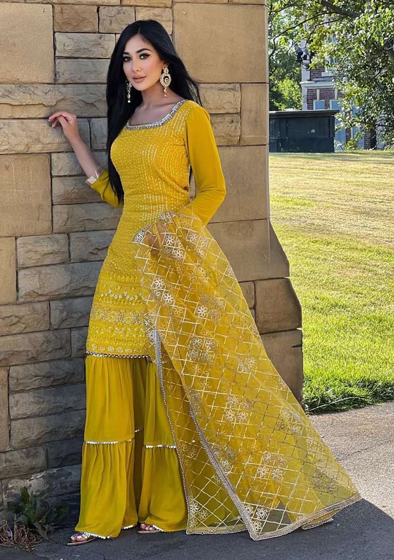 Yellow Embroidered Chinon Sharara Set - Indya