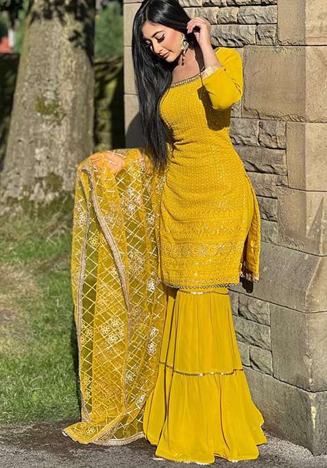 Yellow Embroidered Chinon Sharara Set