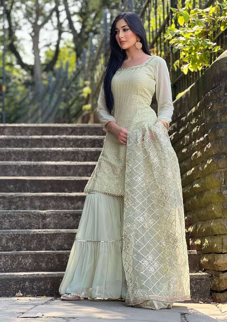 Pista Green Embroidered Chinon Sharara Set - Indya
