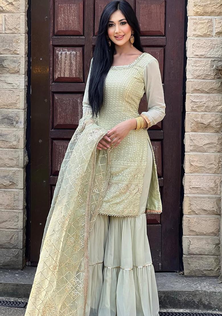 Pista Green Sequin Embroidered Chinon Silk Kurta Set