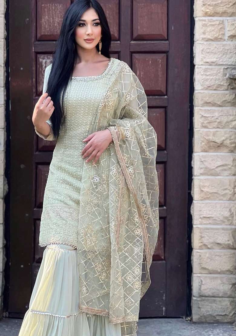Pista Green Embroidered Chinon Sharara Set - Indya
