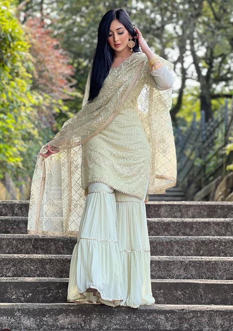 Pista Green Sequin Embroidered Chinon Silk Kurta Set