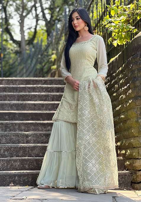 Pista Green Embroidered Chinon Sharara Set