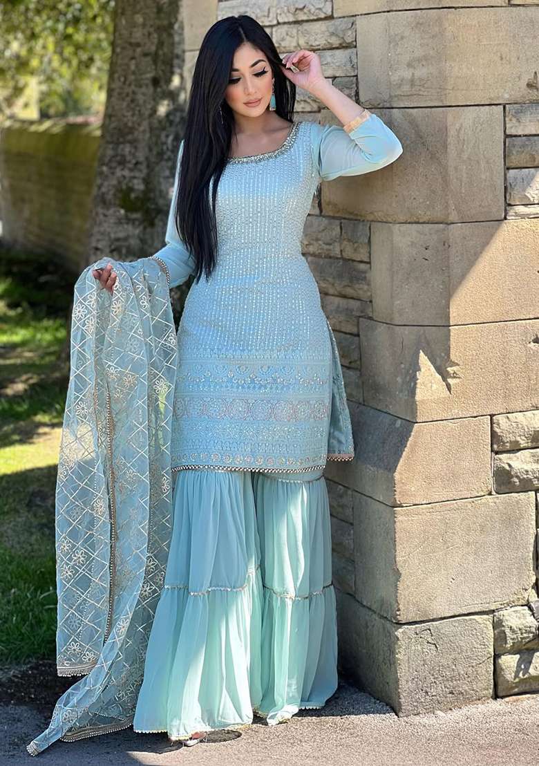 Sky Blue Embroidered Chinon Sharara Set - Indya
