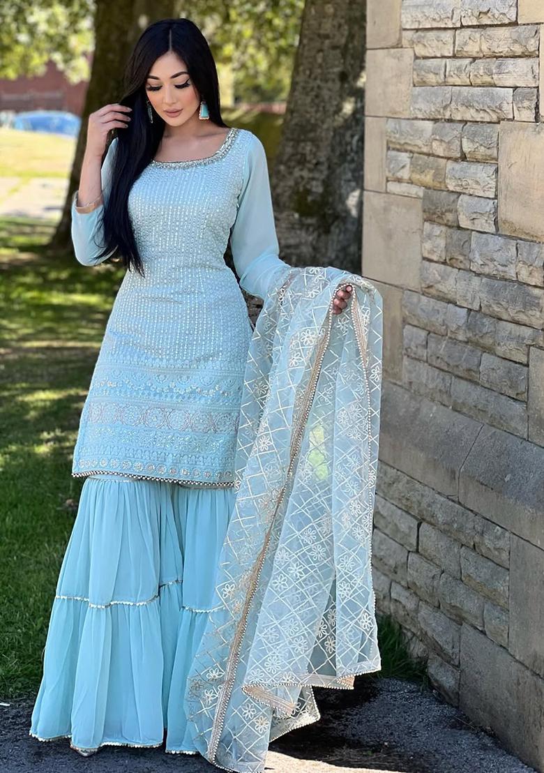 Sky Blue Sequin Embroidered Chinon Silk Kurta Set