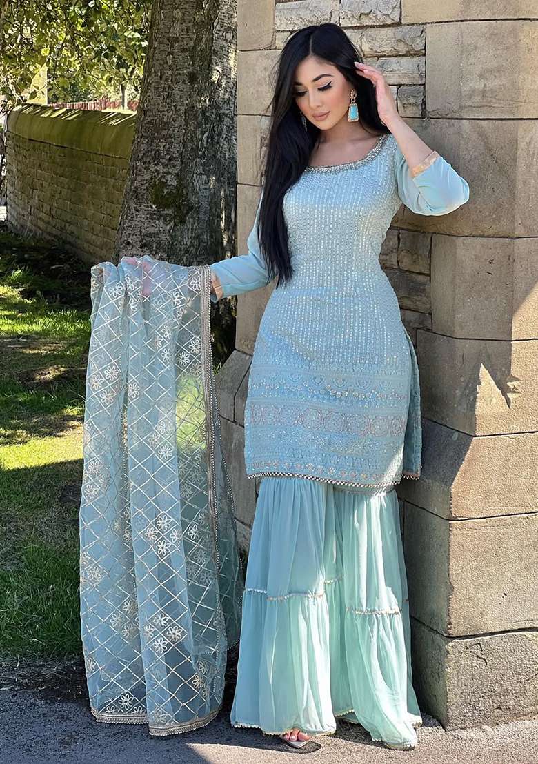 Sky Blue Embroidered Chinon Sharara Set - Indya