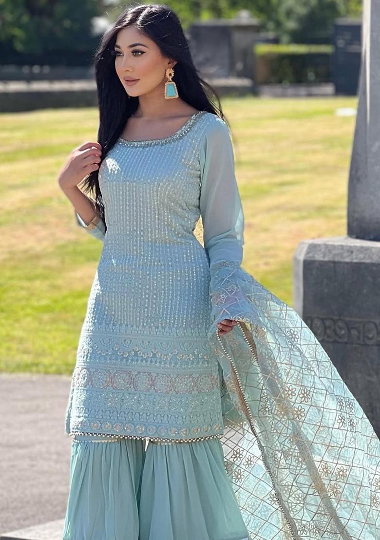 Sky Blue Sequin Embroidered Chinon Silk Kurta Set
