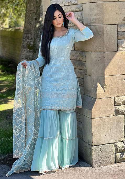Sky Blue Embroidered Chinon Sharara Set