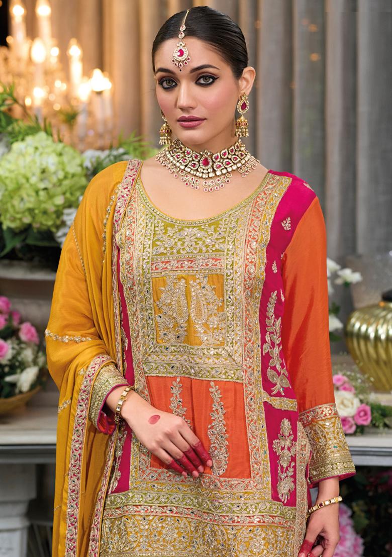 Pink Embroidered Chinon Kurta Set