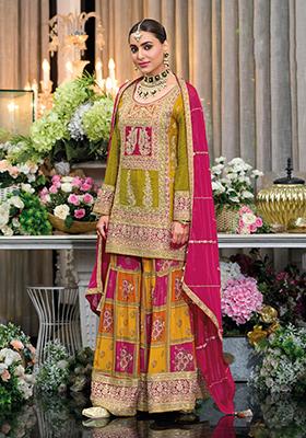 Mustard Embroidered Chinon Kurta Set