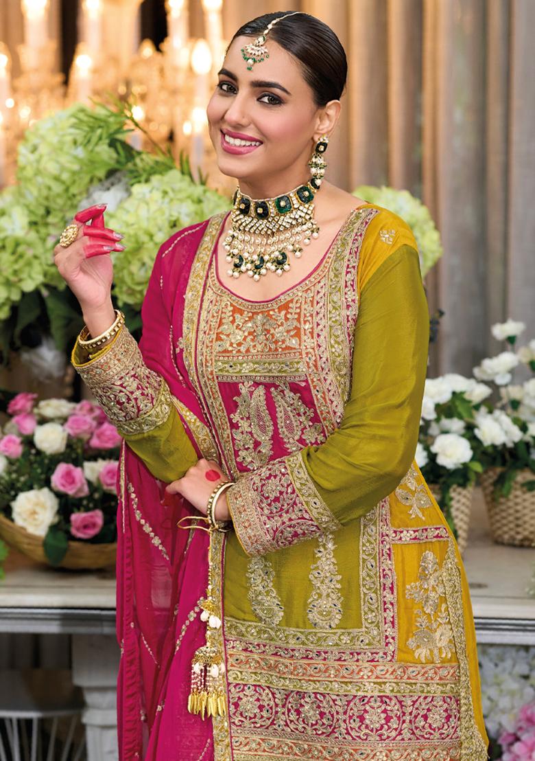 Mustard Embroidered Chinon Kurta Set