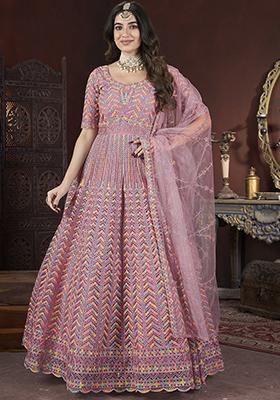 Peach Zari Embroidered Net Gown Set