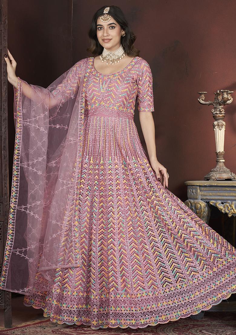 Peach Zari Embroidered Net Gown Set