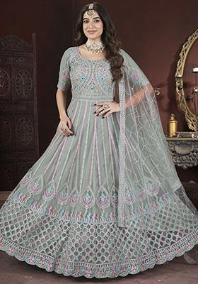 Pista Green Mirror Embroidered Net Gown Set