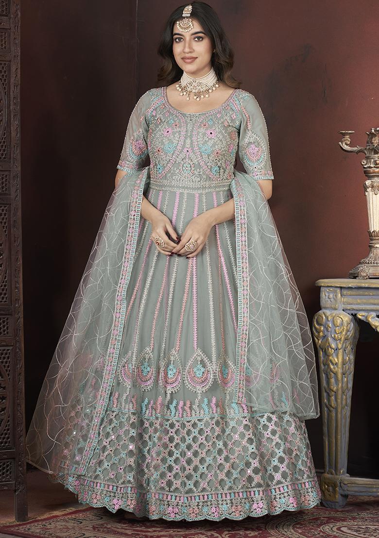 Pista Green Mirror Embroidered Net Gown Set