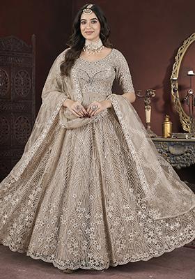 Chiku Brown Mirror Embroidered Net Gown Set