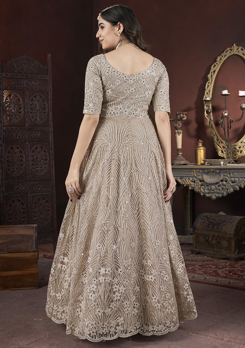 Chiku Brown Mirror Embroidered Net Gown Set