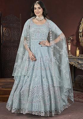 Sky Blue Mirror Embroidered Net Gown Set