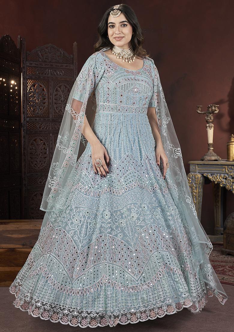 Sky Blue Mirror Embroidered Net Gown Set
