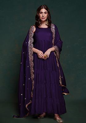 Purple Sequin Embroidered Silk Gown Set