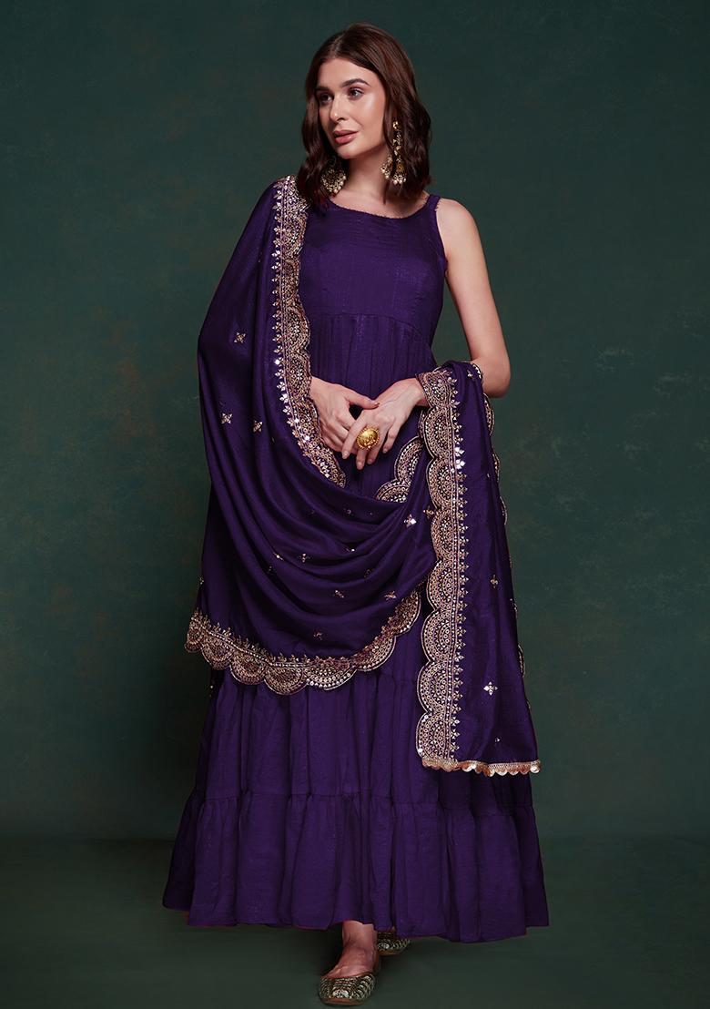 Purple Sequin Embroidered Silk Gown Set
