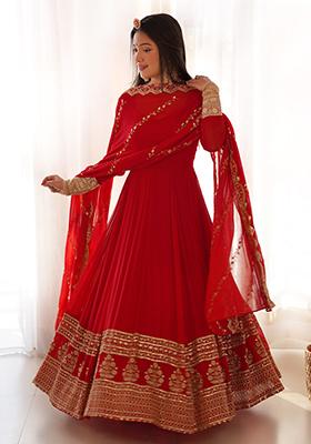 Coral Embroidered Georgette Gown Set