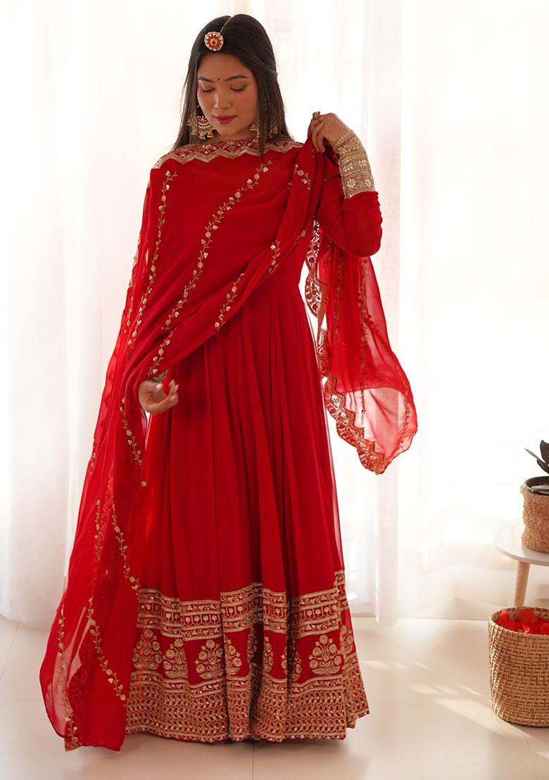 Coral Embroidered Georgette Gown Set