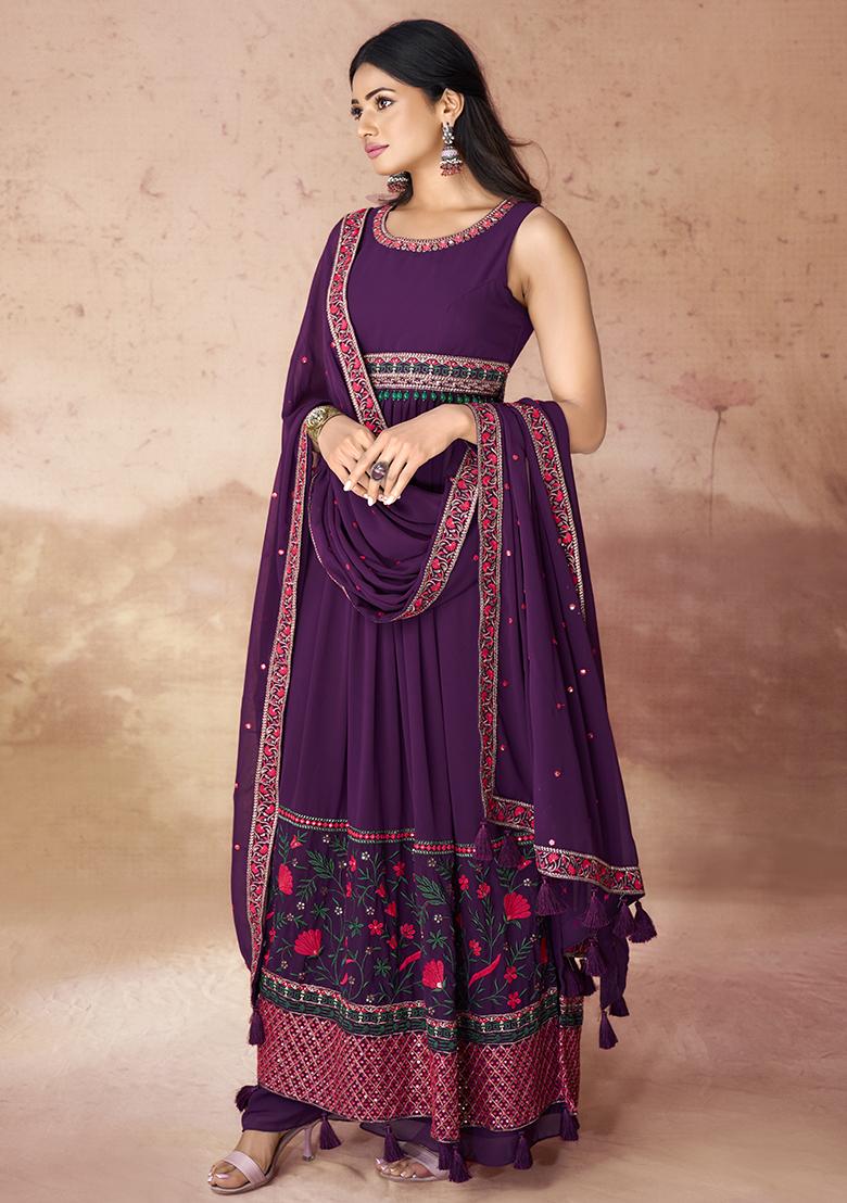 Wine Embroidered Georgette Gown Set