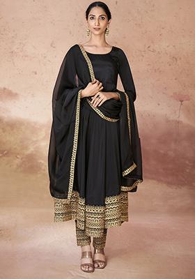 Black Embroidered Crepe Gown Set