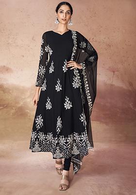 Black Embroidered Georgette Gown Set