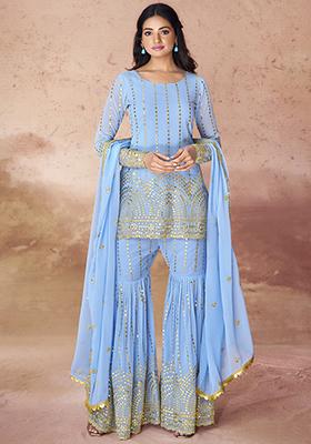 Sky Blue Embroidered Georgette Gown Set