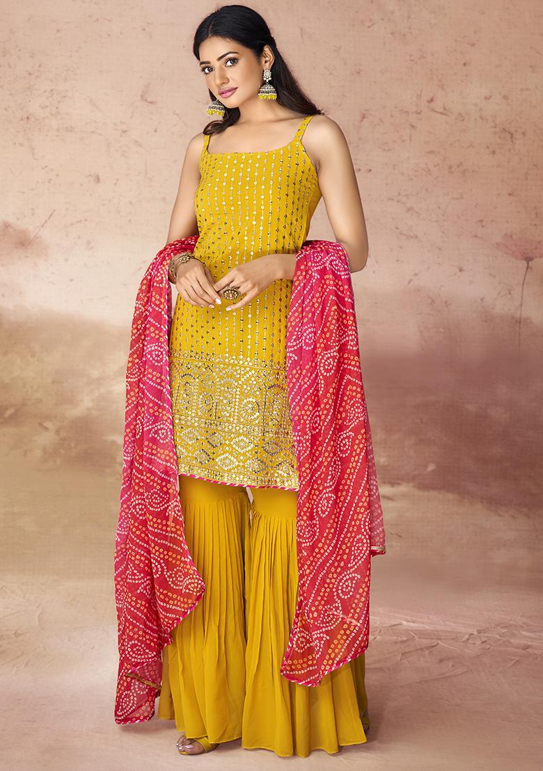 Mustard Yellow Embroidered Georgette Gown Set
