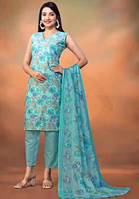Blue Printed Cotton Kurta Set