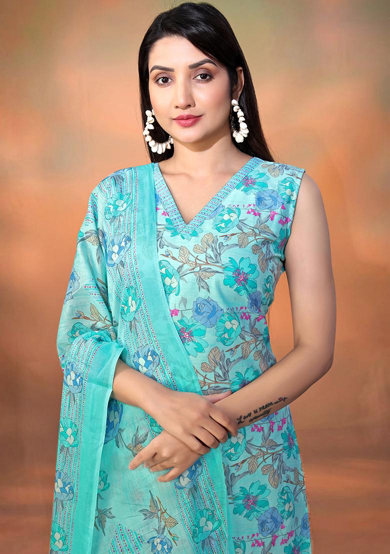 Blue Printed Cotton Kurta Set