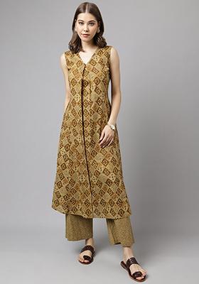 Brown Embroidered Cotton Kurta Set