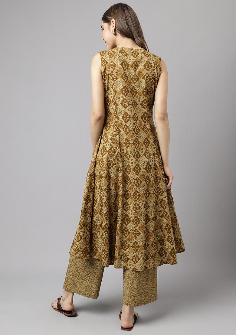 Brown Embroidered Cotton Kurta Set