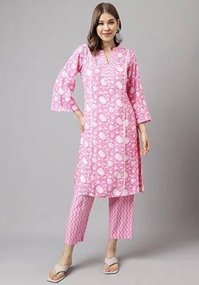 Pink Printed Cotton Kurta Set