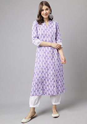 Light Purple Printed Cotton Kurta Set