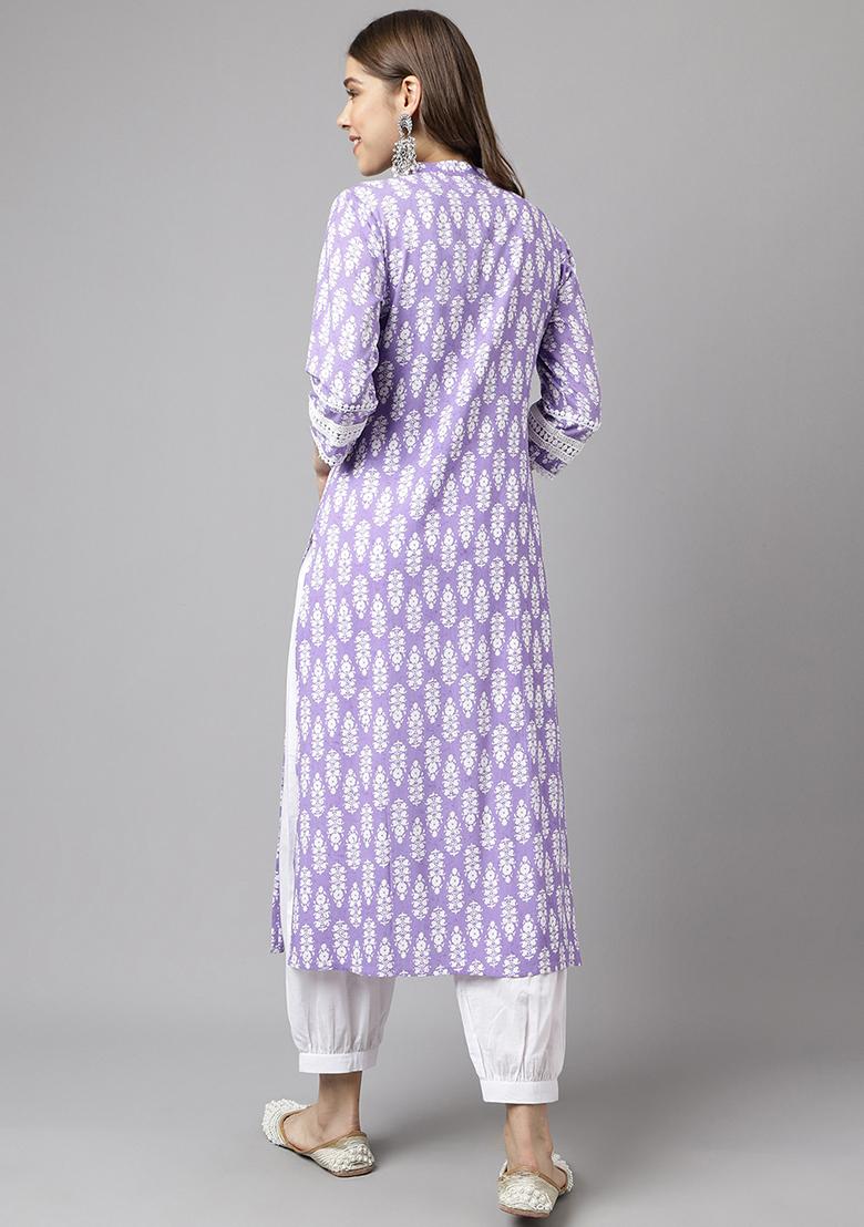 Light Purple Printed Cotton Kurta Set