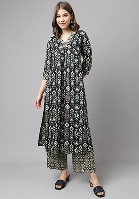 Black Printed Cotton Kurta Set