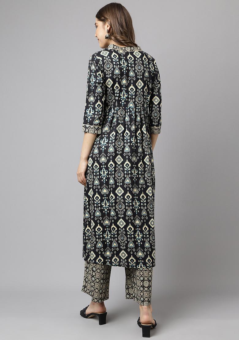 Black Printed Cotton Kurta Set