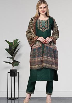 Green Embroidered Rayon Kurta Set