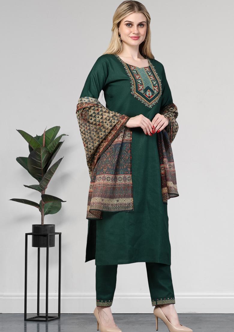 Green Embroidered Rayon Kurta Set