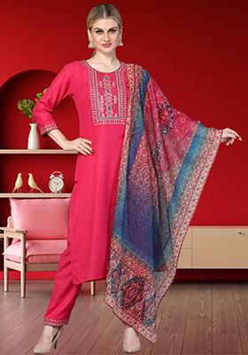 Pink Embroidered Rayon Kurta Set