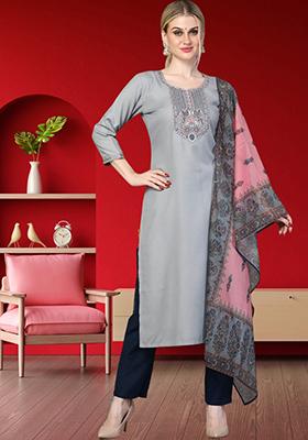 Grey Embroidered Rayon Kurta Set