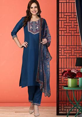 Navy Blue Embroidered Rayon Kurta Set