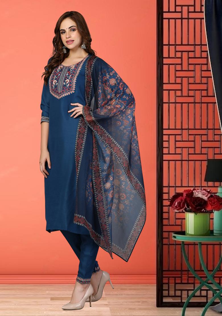 Navy Blue Embroidered Rayon Kurta Set