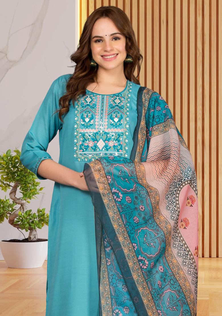 Sky Blue Embroidered Rayon Kurta Set